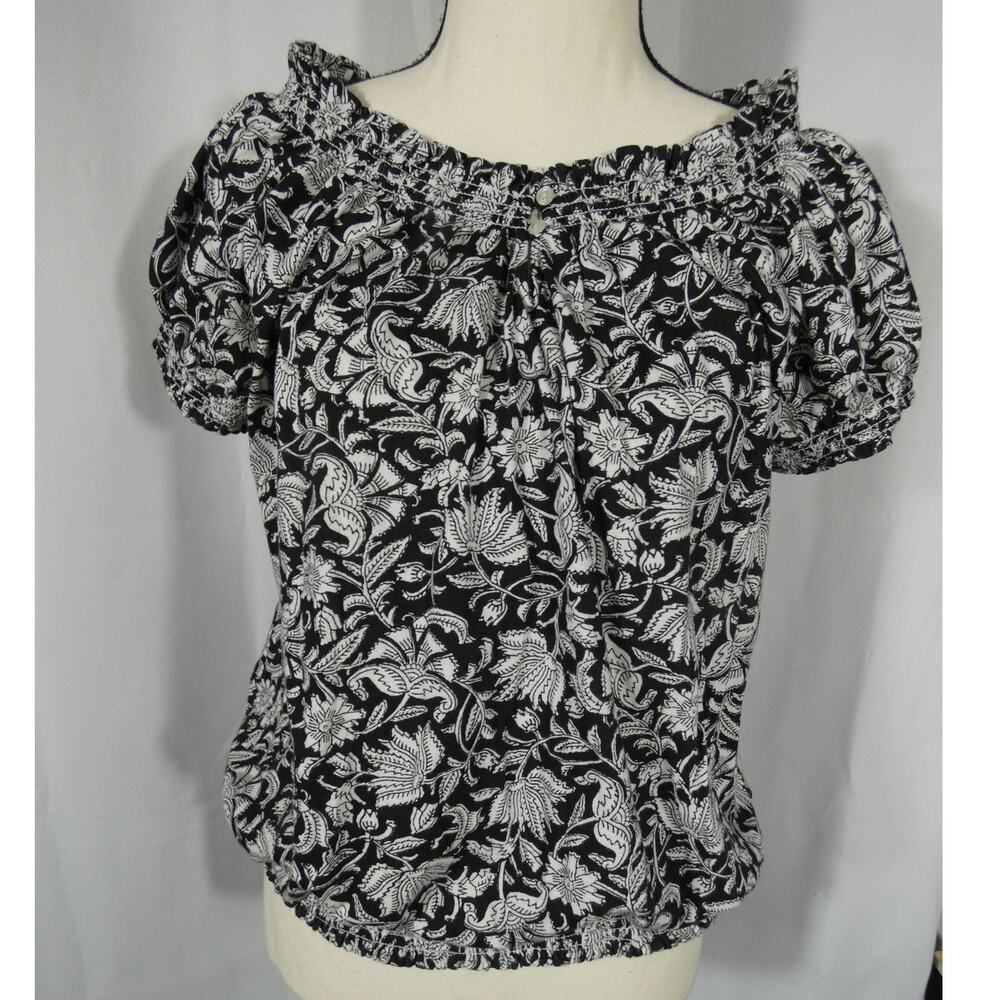 Chaps Petite XL Floral Black White Elastic Waist Sleeves Neckline Peasant